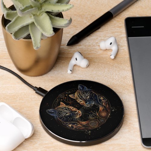 Artistic Feline Circle Twin Cats Wireless Charger