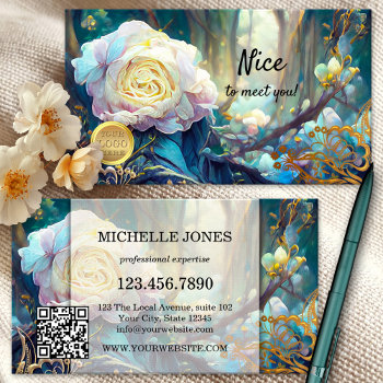 Artistic Floral Logo Qr Code Business Card by sunnysites at Zazzle
