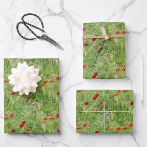 Artistic Floral Tiled Green Grasses Red Poppies  Wrapping Paper Sheets