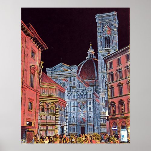 Artistic Florence Italy Street Scene with Duomo Poster