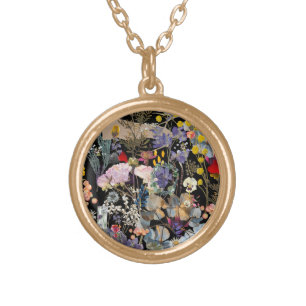 Artistic Flower Collage- blk background Gold Plated Necklace