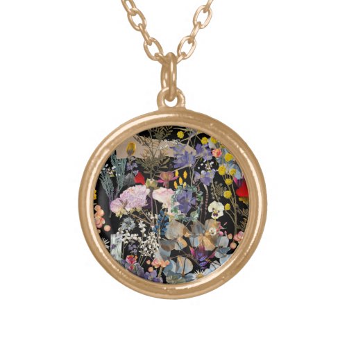 Artistic Flower Collage_ blk background Gold Plated Necklace