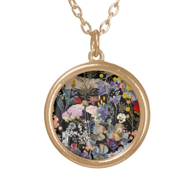 Artistic Flower Collage- blk background Gold Plated Necklace (Front)