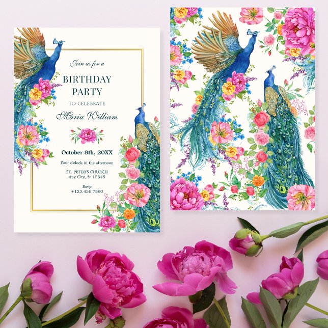 Artistic Flower peacock birthday  Invitation (Creator Uploaded)