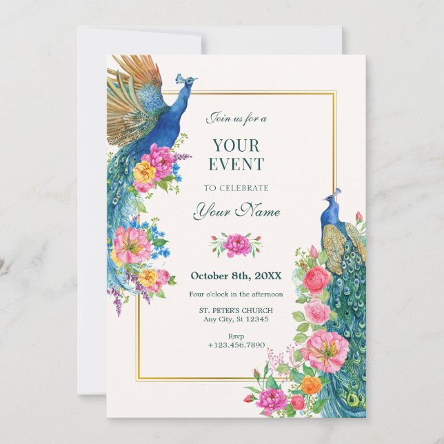 Artistic Flower peacock  Invitation (Front)