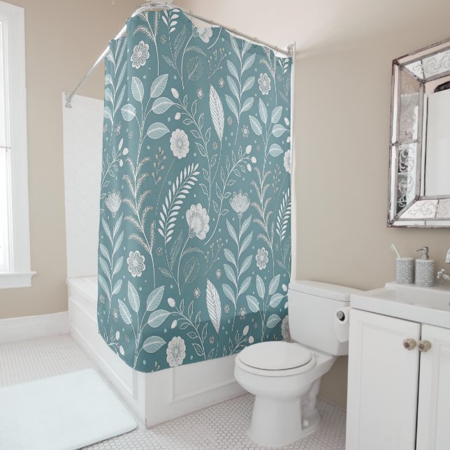 Artistic Flower Print Shower Curtain Decor (In Situ)