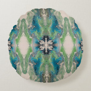 Artistic Fluid Abstract in Aqua & Green Round Pillow