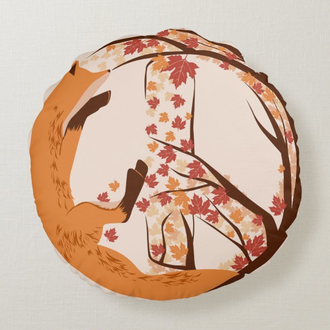 Artistic Fox Peace Sign Autumn Leaves Tree Poster Round Pillow (Back)