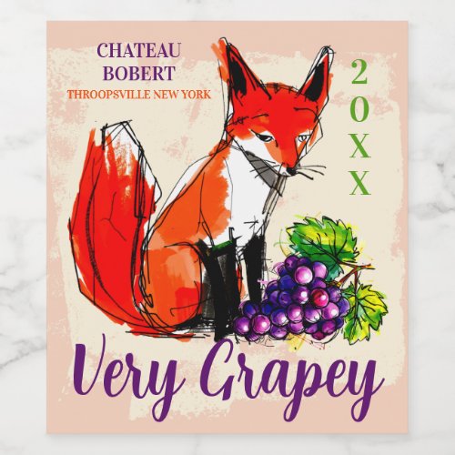 Artistic fox purple grapes personalized homemade wine label