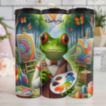 Artistic Frog in a Whimsical Landscape Thermal Tumbler<br><div class="desc">This charming illustration features a green frog wearing a vest and bow tie, holding a paintbrush and a palette with colorful paints. The frog stands in a whimsical, sun-dappled landscape with two easels displaying abstract, rainbow-colored paintings. Butterflies flutter around, and art supplies are scattered nearby, suggesting a joyful and creative...</div>