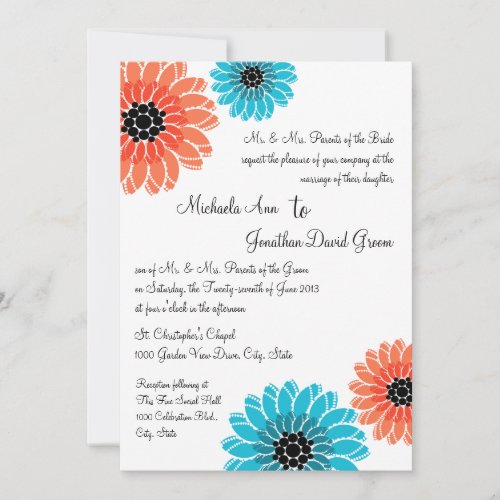 Artistic Garden Coral and Blue Wedding Custom Invitations
