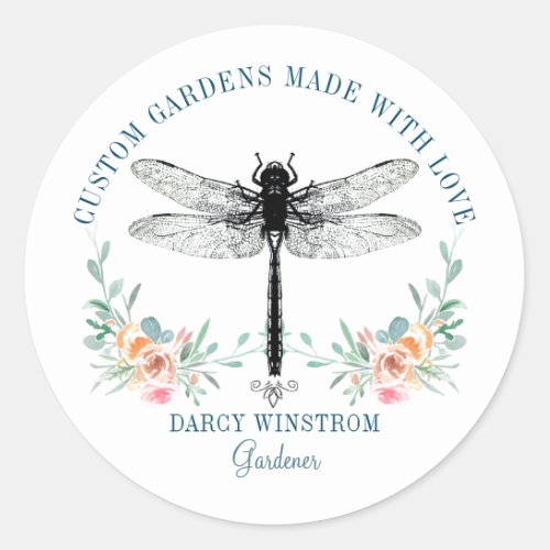 Artistic Gardener Landscaper Dragonfly Logo Classic Round Sticker