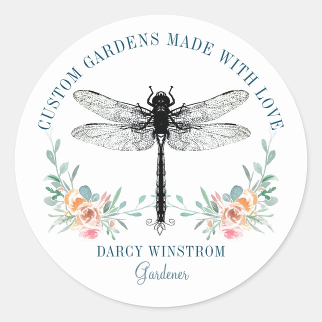 Artistic Gardener Landscaper Dragonfly Logo Classic Round Sticker (Front)
