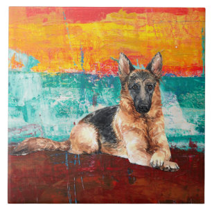 Artistic German Shepherd Abstract Painting Ceramic Tile