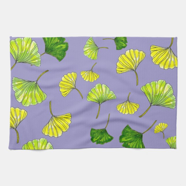 Artistic Gingko Leaves on Soft Lavender Kitchen Towel (Horizontal)