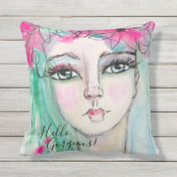Artistic Girl Flower Crown Whimsical Watercolor Throw Pillow