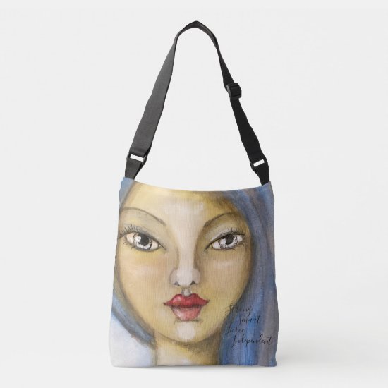 Artistic Girl Portrait Woman Blue Hair Artsy Cute Crossbody Bag