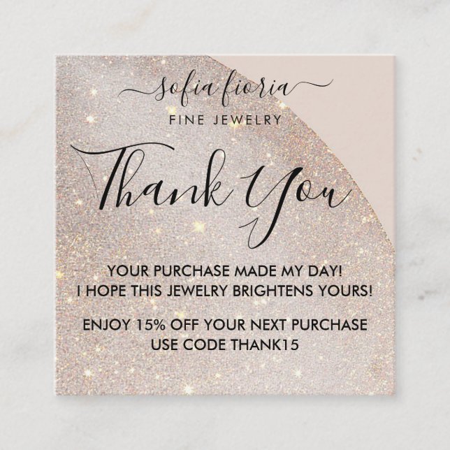 Artistic Glitter Jewelry Thank You For Your Order Square Business Card (Front)