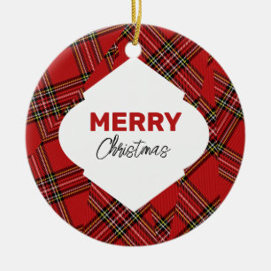 Artistic Glitter Merry Christmas Red Plaid Ceramic Ornament