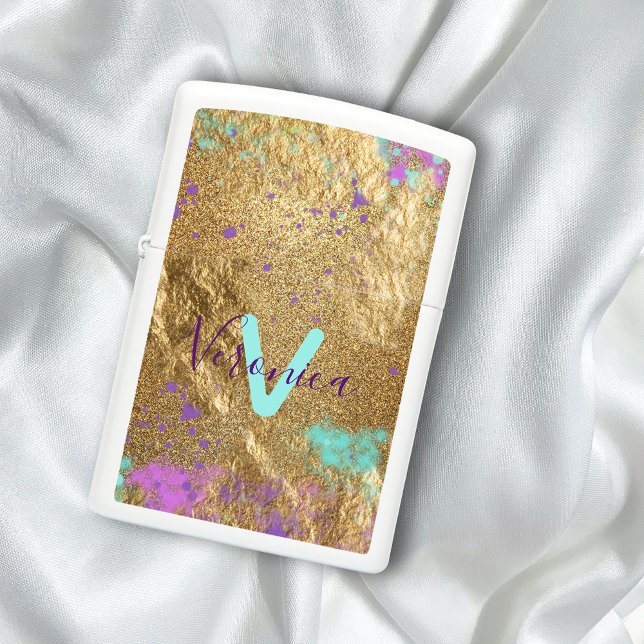 Artistic Gold Foil Glitter Paint Splatter Monogram Zippo Lighter (Creator Uploaded)