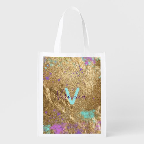 Artistic Gold Metallic Foil Glitter Paint Splatter Grocery Bag