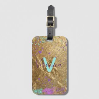 Artistic Gold Metallic Foil Glitter Paint Splatter Luggage Tag
