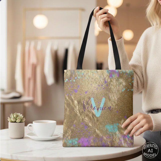 Artistic Gold Metallic Foil Glitter Paint Splatter Tote Bag (Creator Uploaded)