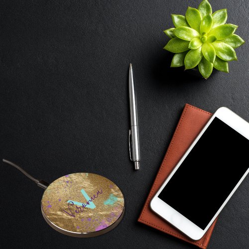 Artistic Gold Metallic Foil Glitter Paint Splatter Wireless Charger