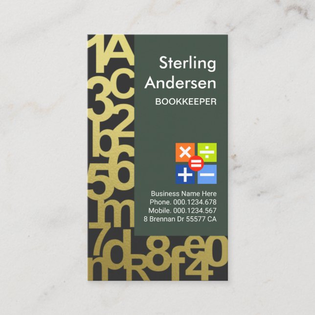 Artistic Gold Numbers Bookkeeping Business Card (Front)