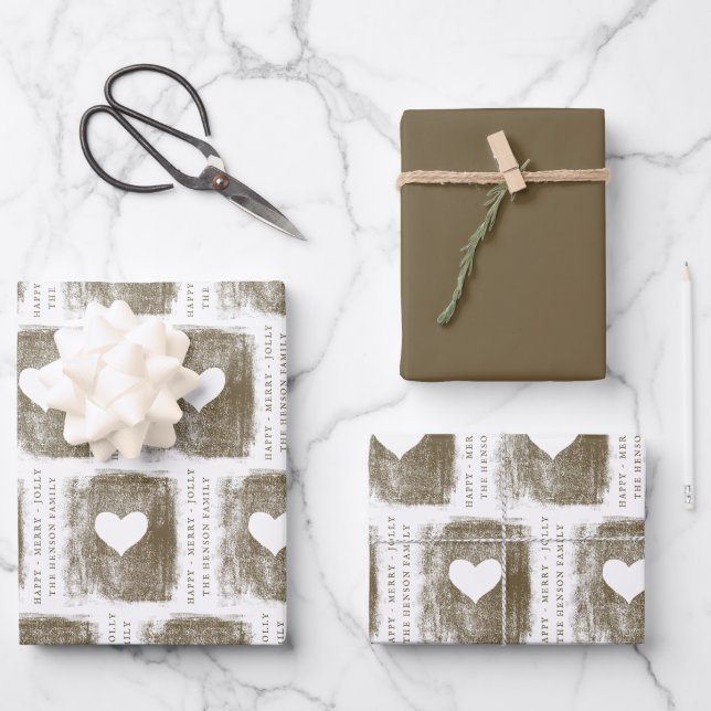 Artistic Golden Heart Drawing Family Christmas Wrapping Paper Sheets (Front)