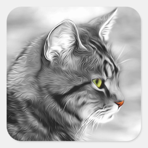 Artistic Gray  Black Feline Portrait Square Sticker