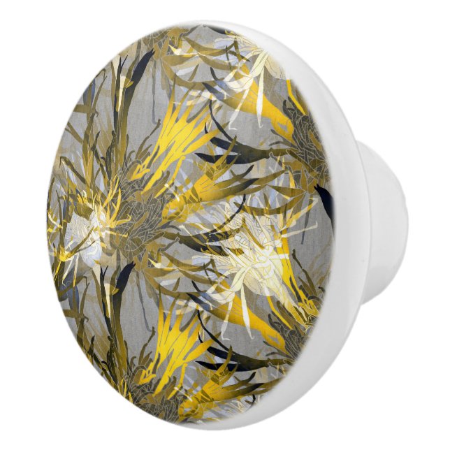 Artistic Gray Black & Gold Abstract Floral Ceramic Knob (Right)