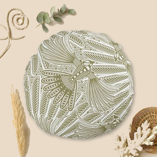 Artistic Green Bird Linework Round Pillow (Creator Uploaded)