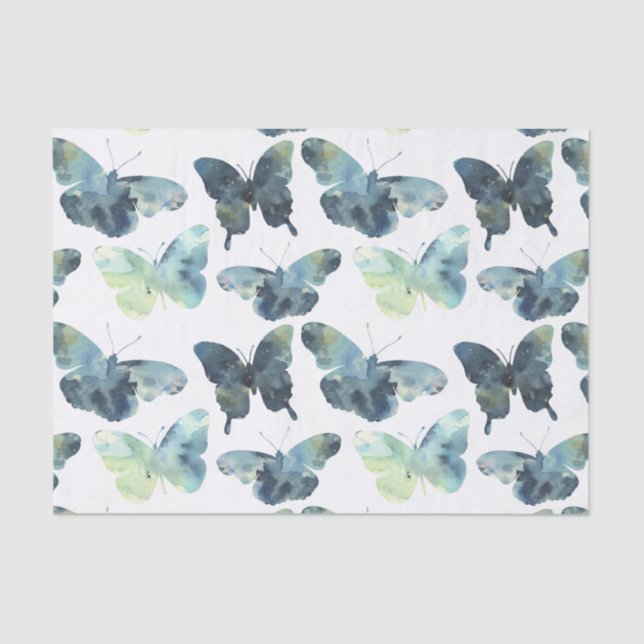 Artistic Green blue watercolor butterflies pattern Tissue Paper (Front)