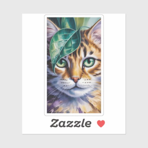 Artistic Green Eyed Cat Portrait Tropical Leaf Sticker
