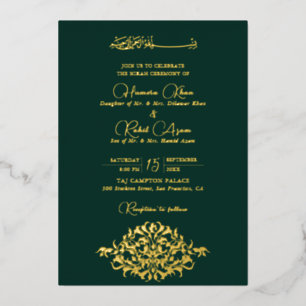 Artistic Green Gold Floral Paisley Muslim Wed Foil Invitation