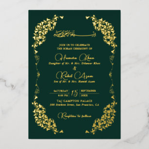 Artistic Green Gold Floral Paisley Muslim Wed Foil Invitation