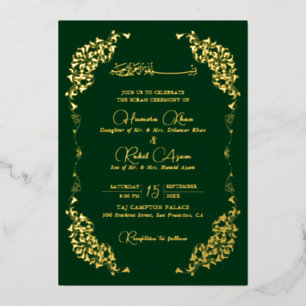 Artistic Green Gold Floral Paisley Muslim Wed Foil Invitation