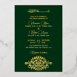 Artistic Green Gold Floral Paisley Muslim Wed Foil Invitation