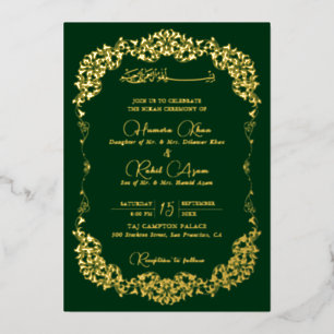 Artistic Green Gold Floral Paisley Muslim Wed Foil Invitation