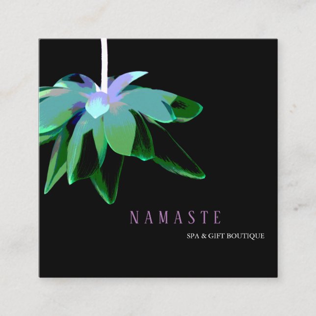 ©Artistic Green Lotus Flower Dark Floral Square Business Card (Front)