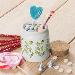Artistic Green Watercolor Leaves Aesthetic Ceramic Candy Jar