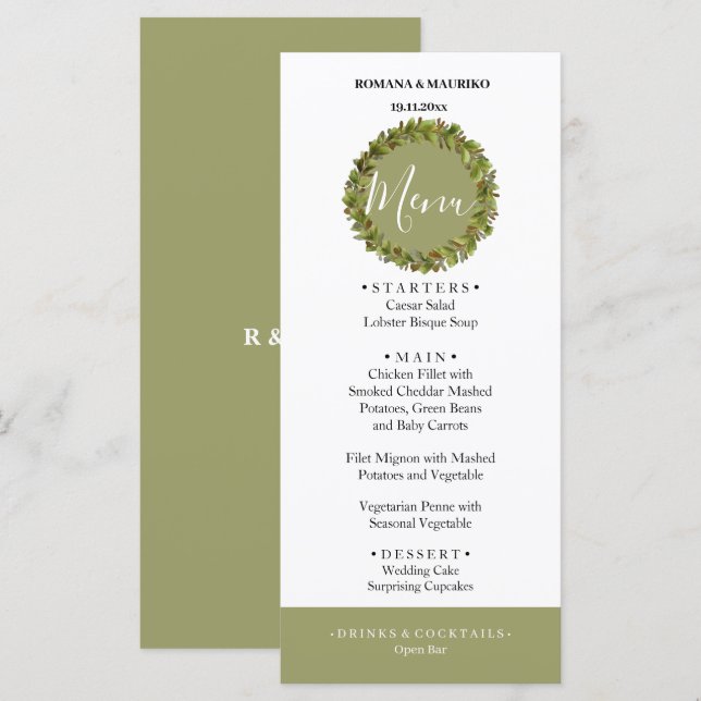 Artistic Green Watercolor Wreath Hand-painted Menu (Front/Back)