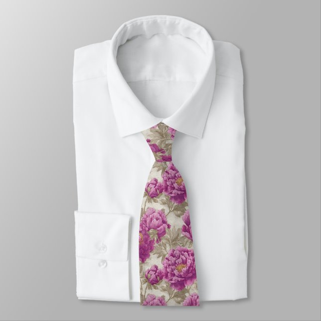 Artistic Groomsmen Peonies Flower Neck Tie (Tied)