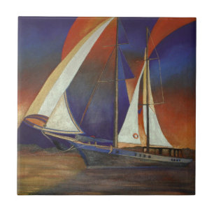 Artistic Gulet Under Sail In Orange and Purple Ceramic Tile