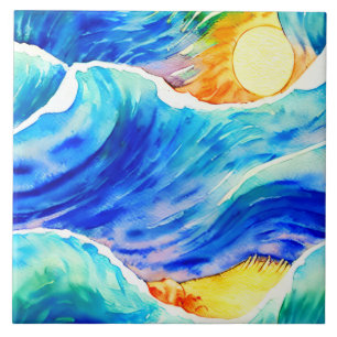 Artistic hand drawn crazy ocean wave Scandinavian Ceramic Tile