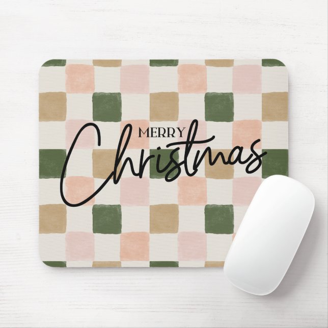 Artistic hand painted checkered Merry Christmas Mouse Pad (With Mouse)