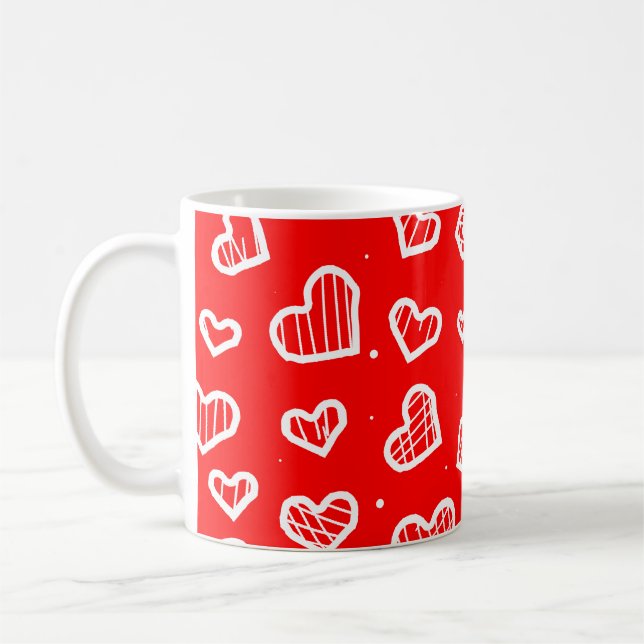 Artistic Hearts Seamless Pattern on Red Background Coffee Mug (Left)
