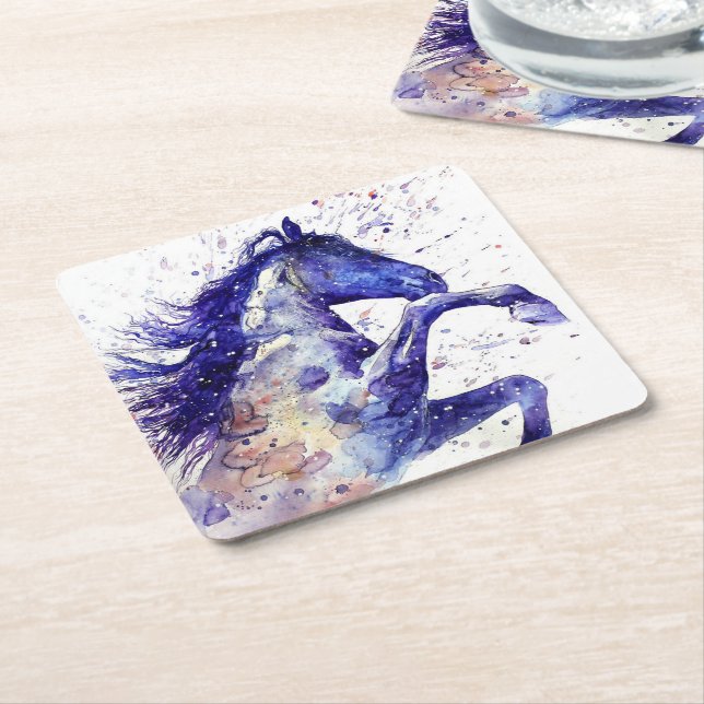 Artistic Horse Watercolor Splatter Painting Square Paper Coaster (Angled)