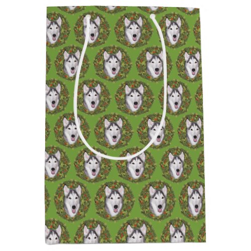 Artistic Husky Dog Wreath Satin Ribbon Medium Gift Bag
